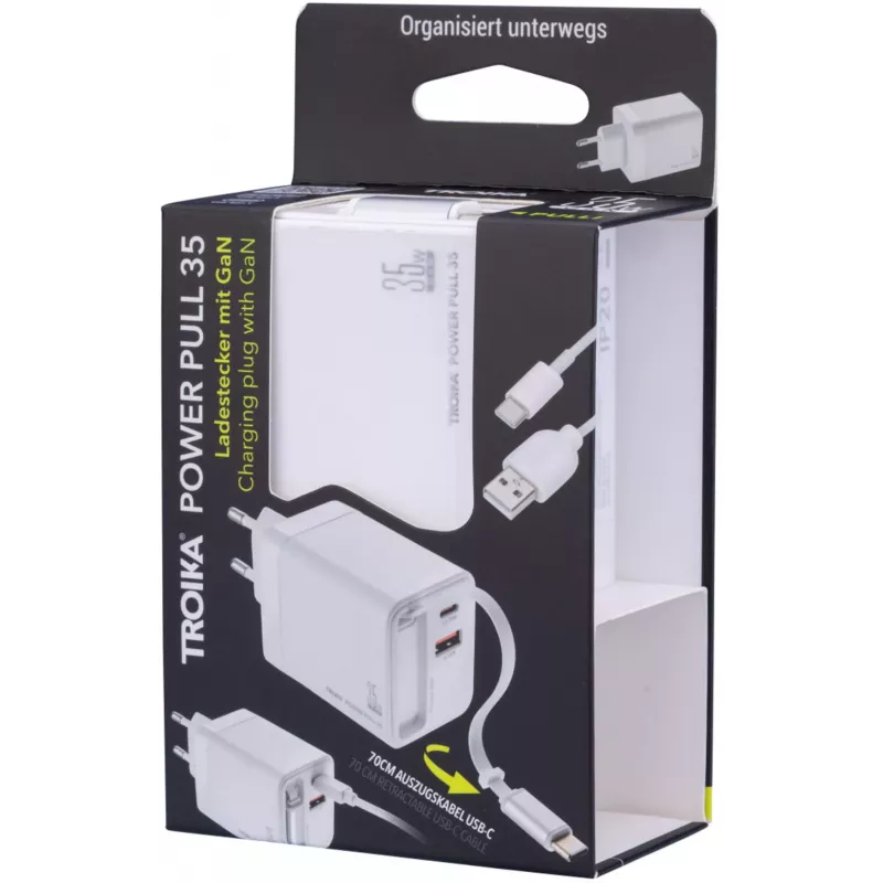 TROIKA POWER PULL 35 Automobilinis įkroviklis 35W USB-C PD & USB-A QC 3.0 Baltas (CHA35/WH)