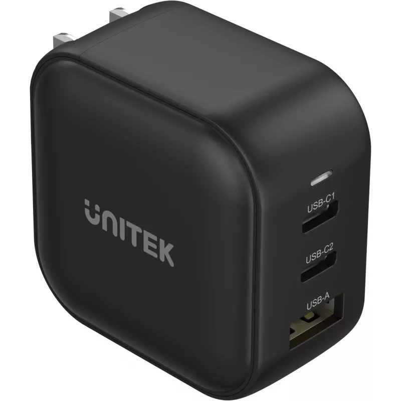 UNITEK GaN 66W 3-Port USB-C PD & QC 3.0 Charger Black