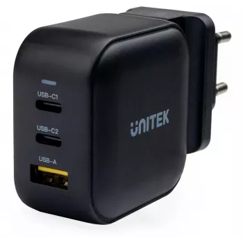UNITEK GaN 66W 3-Port USB-C PD & QC 3.0 Charger Black