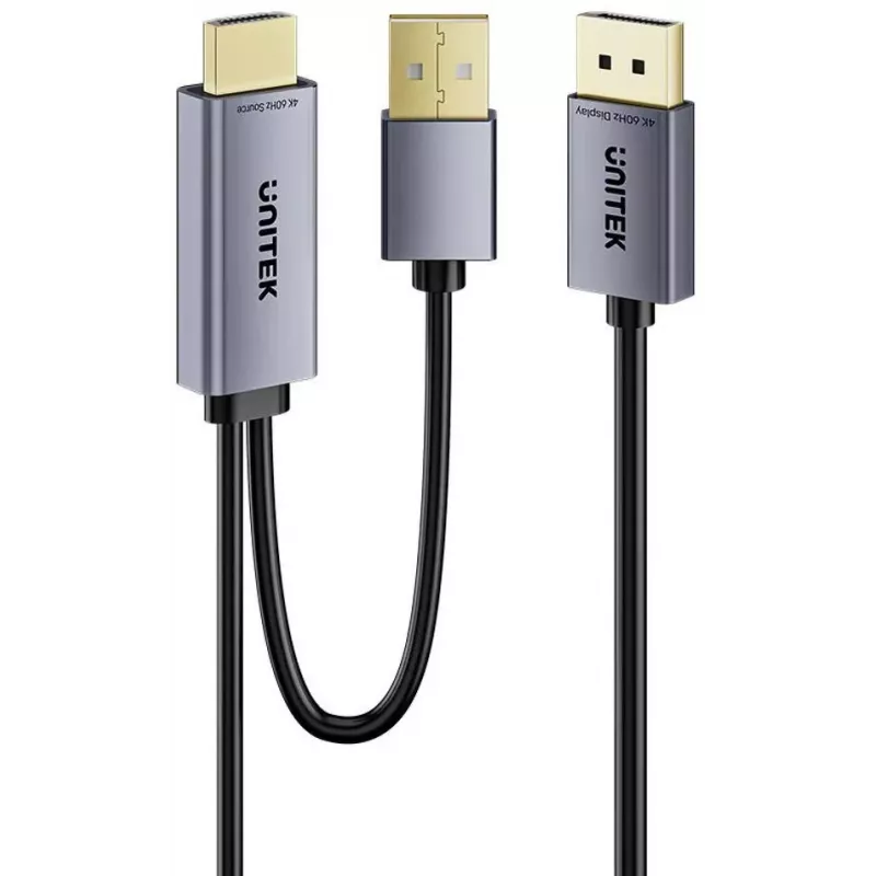 UNITEK HDMI į DisplayPort 4K laidas su USB-A maitinimu, 1,8 m, juodas
