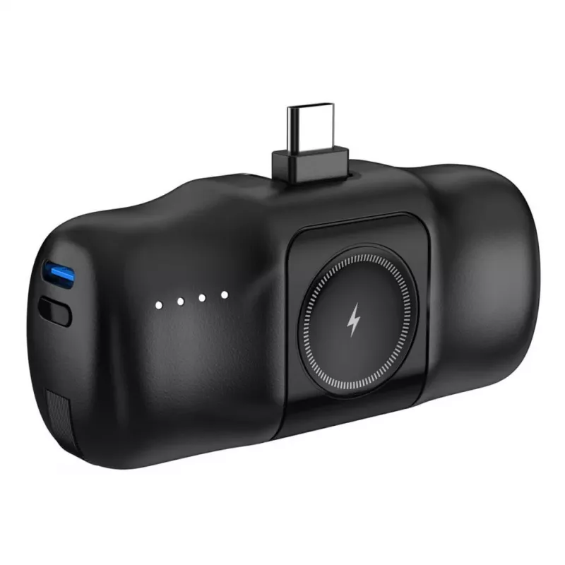 Mini Power Bank Wozinsky WF16-YCS 5000mAh 15W USB-C su integruotu USB-C laidu ir Apple Watch įkrovikliu - Juoda