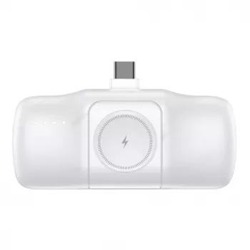 WOZINSKY WF16-YCS Mini Power Bank 5000mAh 15W USB-C su integruotu USB-C laidu ir Apple Watch įkrovikliu - balta