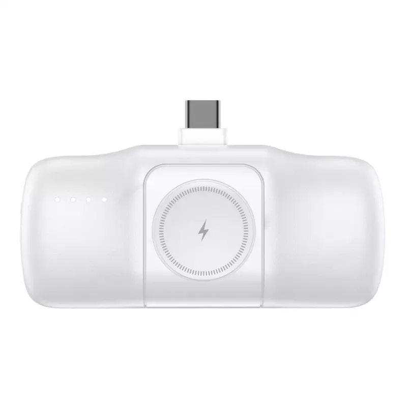 WOZINSKY WF16-YCS Mini Power Bank 5000mAh 15W USB-C su integruotu USB-C laidu ir Apple Watch įkrovikliu - balta