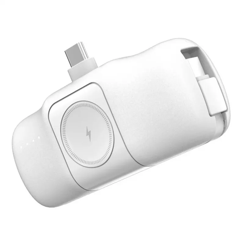 WOZINSKY WF16-YCS Mini Power Bank 5000mAh 15W USB-C su integruotu USB-C laidu ir Apple Watch įkrovikliu - balta