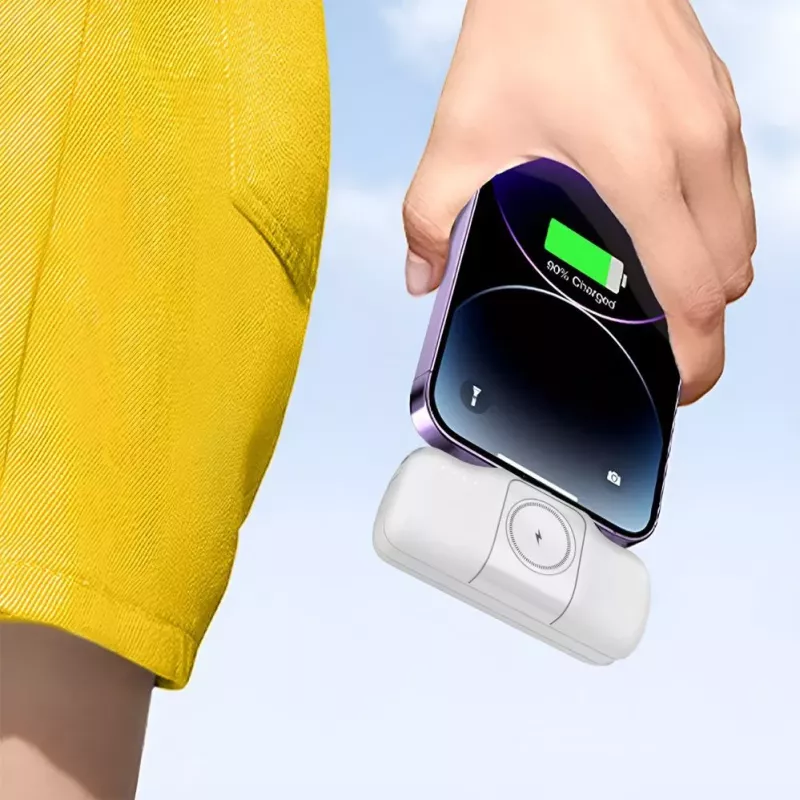 WOZINSKY WF16-YCS Mini Power Bank 5000mAh 15W USB-C su integruotu USB-C laidu ir Apple Watch įkrovikliu - balta
