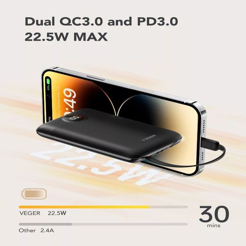 VEGER Powerbank C11 (W1170) PD QC3.0 22.5W 10000 mAh su įmontuotais USB-C ir Lightning kabeliais, juoda