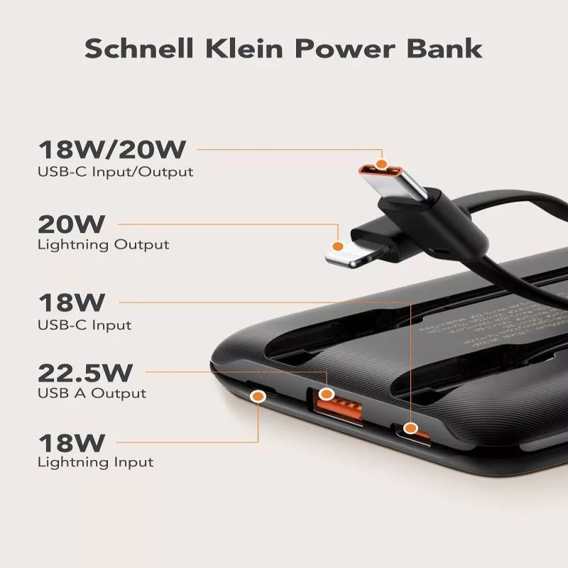 VEGER Powerbank C11 (W1170) PD QC3.0 22.5W 10000 mAh su įmontuotais USB-C ir Lightning kabeliais, juoda