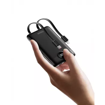 VEGER Powerbank C11 (W1170) PD QC3.0 22.5W 10000 mAh su įmontuotais USB-C ir Lightning kabeliais, juoda