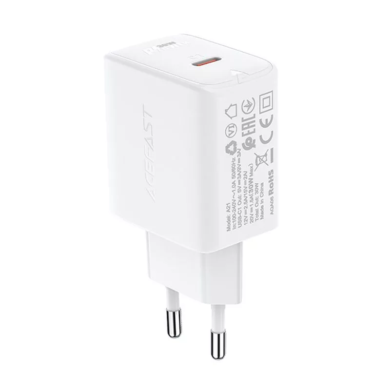 ACEFAST GaN USB-C Įkroviklis 30W PD QC 3.0 AFC FCP Baltas (A21)