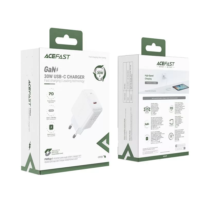 ACEFAST GaN USB-C Įkroviklis 30W PD QC 3.0 AFC FCP Baltas (A21)