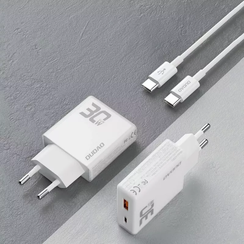 Dudao A30EU GaN 30W USB-C USB-A sieninis įkroviklis su USB-C į USB-C kabeliu 1m baltas