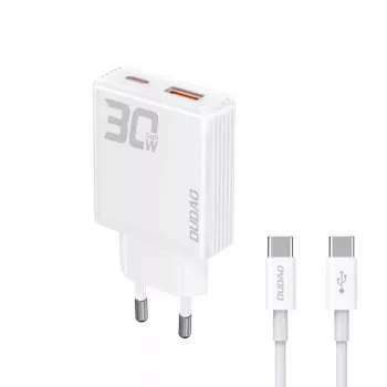 Dudao A30EU GaN 30W USB-C USB-A sieninis įkroviklis su USB-C į USB-C kabeliu 1m baltas