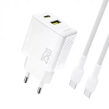 Dudao A26TCEU PD QC 25W GaN USB-A USB-C sieninis įkroviklis su USB-C kabeliu baltas