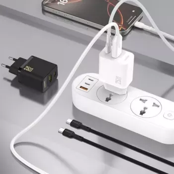 Dudao A26TCEU PD QC 25W GaN USB-A USB-C sieninis įkroviklis su USB-C kabeliu, juodas