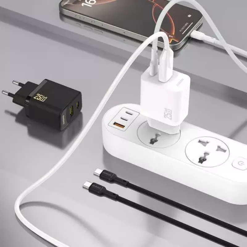 Dudao A26TCEU PD QC 25W GaN USB-A USB-C sieninis įkroviklis su USB-C kabeliu, juodas
