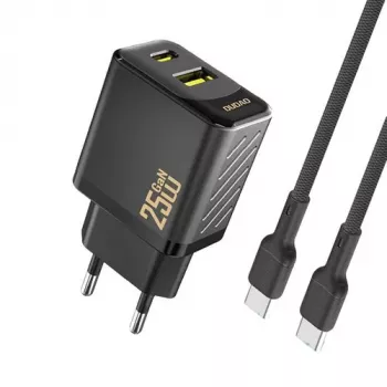 Dudao A26TCEU PD QC 25W GaN USB-A USB-C sieninis įkroviklis su USB-C kabeliu, juodas