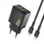 Dudao A26TCEU PD QC 25W GaN USB-A USB-C sieninis įkroviklis su USB-C kabeliu, juodas