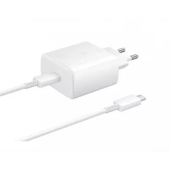 Samsung EP-TA845EWE + EP-DW767JWE 45W kelioninis įkroviklis ir USB-C į USB-C duomenų kabelis baltas (OOB urmu)