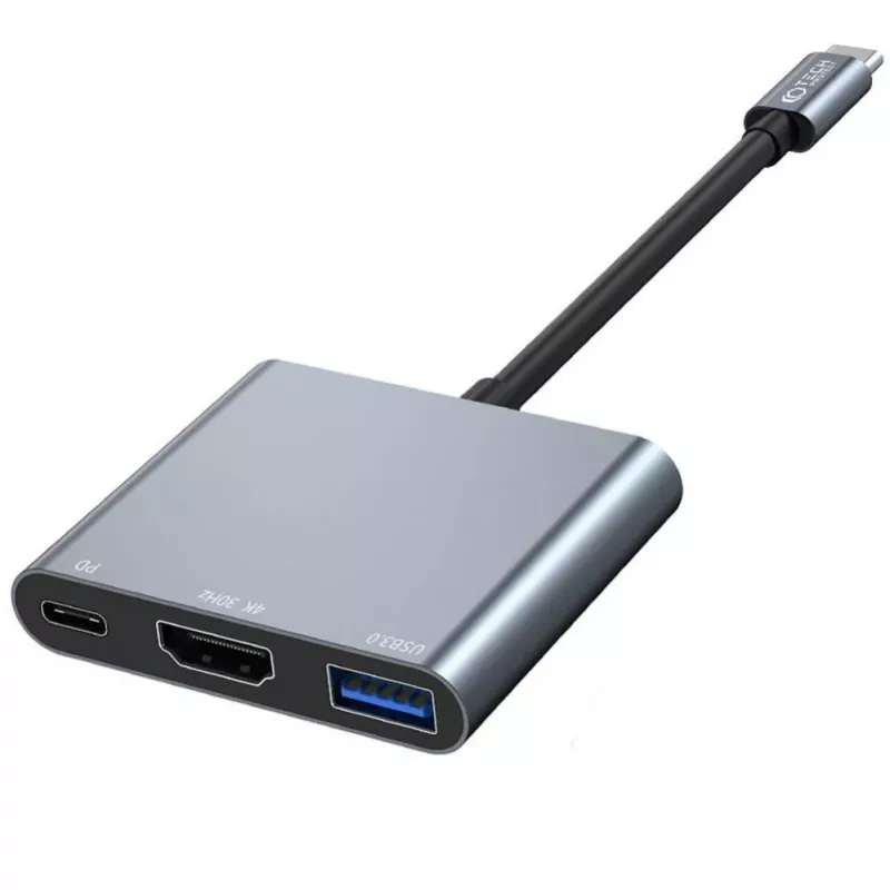 Tech-Protect V1 3in1 USB-C Hub Adapter - USB-A 3.0, USB-C PD 100W, HDMI 4K 30Hz - Pilka