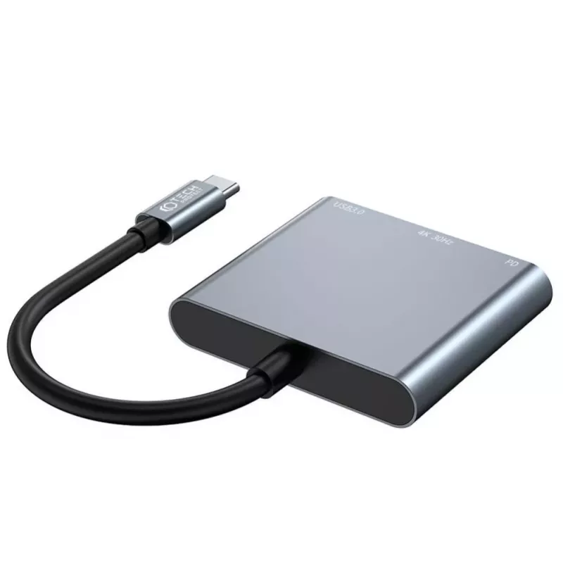 Tech-Protect V1 3in1 USB-C Hub Adapter - USB-A 3.0, USB-C PD 100W, HDMI 4K 30Hz - Pilka