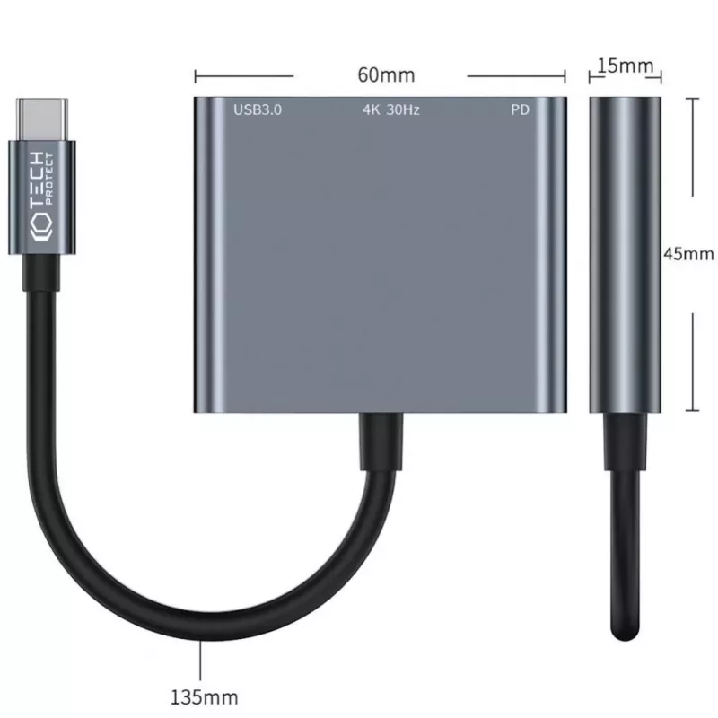 Tech-Protect V1 3in1 USB-C Hub Adapter - USB-A 3.0, USB-C PD 100W, HDMI 4K 30Hz - Pilka