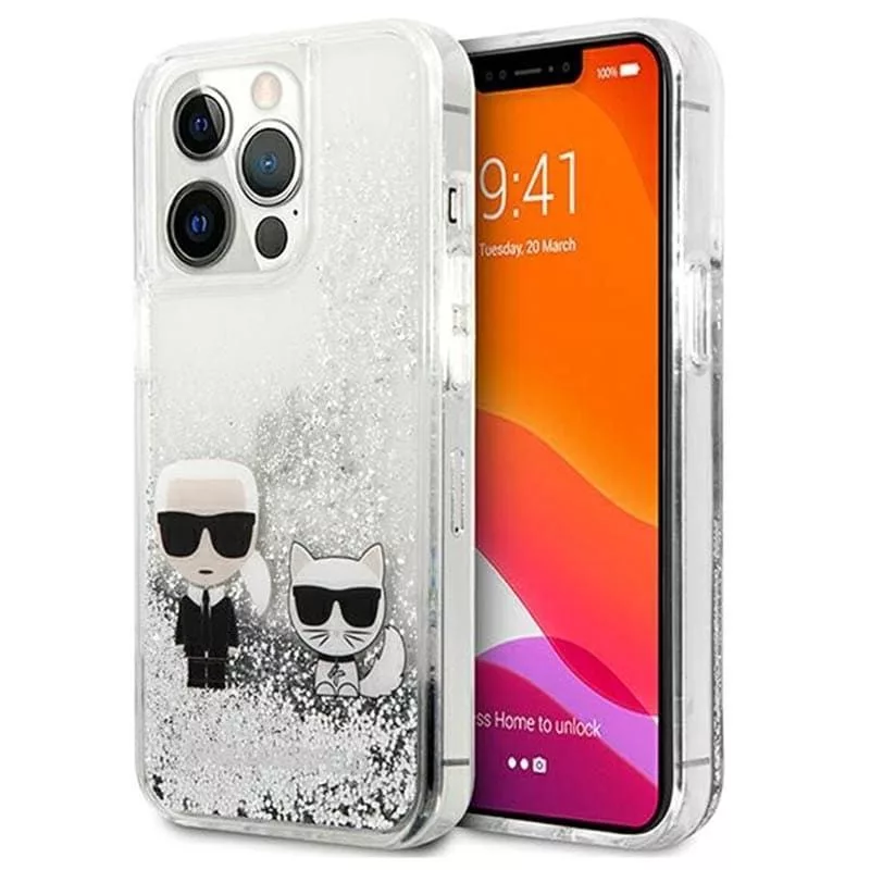 Karl Lagerfeld Apple iPhone 13 Pro Liquid Glitter Choupette Case Silver
