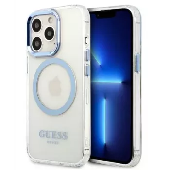 Guess Apple iPhone 13 Pro Max 6.7 colio kietas dėklas Metal Outline Magsafe permatomas mėlynas
