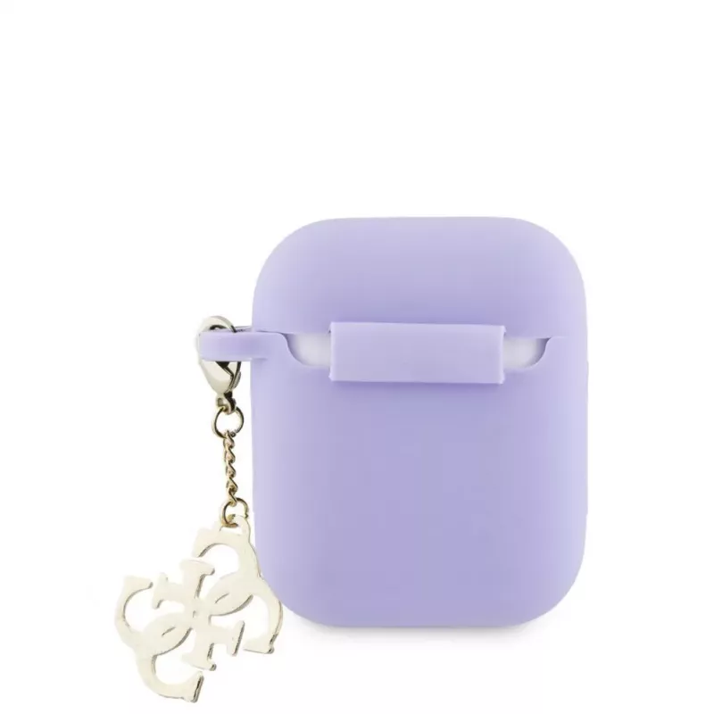 Guess Apple AirPods 1/2 dėklas silikoninis su klasikiniu logotipu ir auksiniu 4G pakabuku violetinis