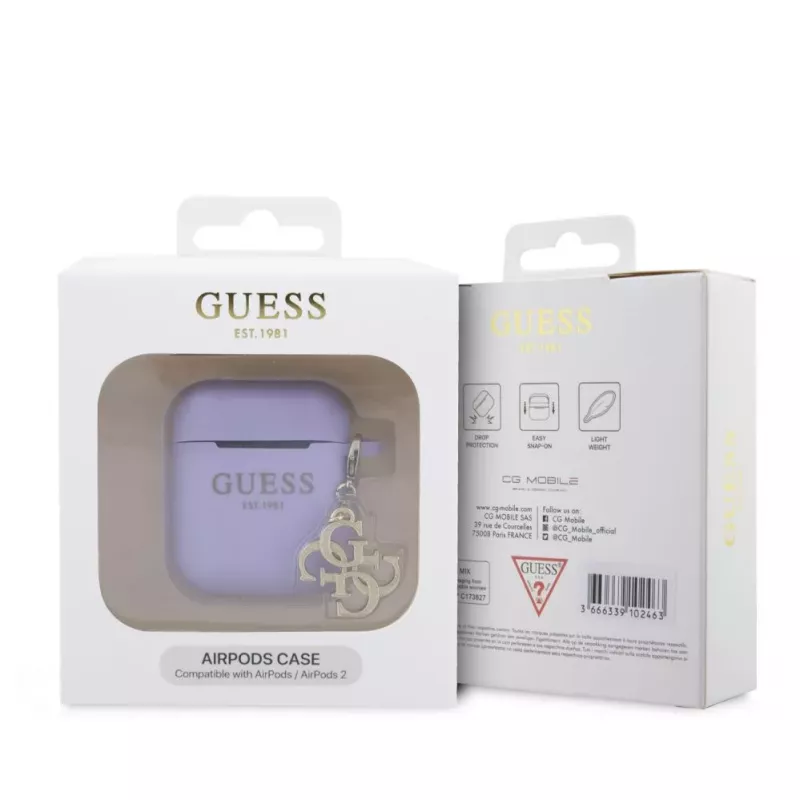 Guess Apple AirPods 1/2 dėklas silikoninis su klasikiniu logotipu ir auksiniu 4G pakabuku violetinis