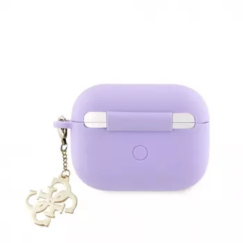 Guess Apple AirPods Pro dėklas silikoninis Classic Logo Gold su 4G pakabuku violetinis