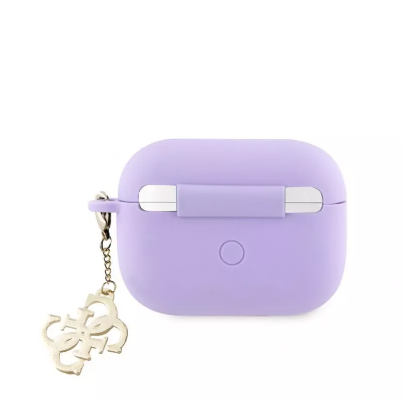 Guess Apple AirPods Pro dėklas silikoninis Classic Logo Gold su 4G pakabuku violetinis