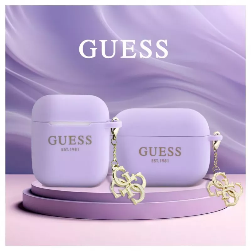 Guess Apple AirPods Pro dėklas silikoninis Classic Logo Gold su 4G pakabuku violetinis