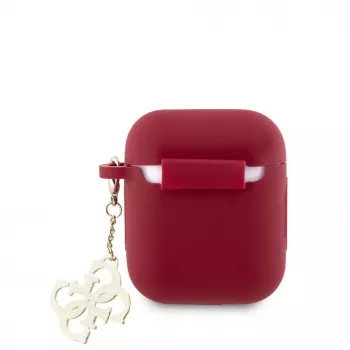 Guess Apple AirPods 1/2 dėklas silikoninis Classic Logo Gold su 4G pakabuku Magenta