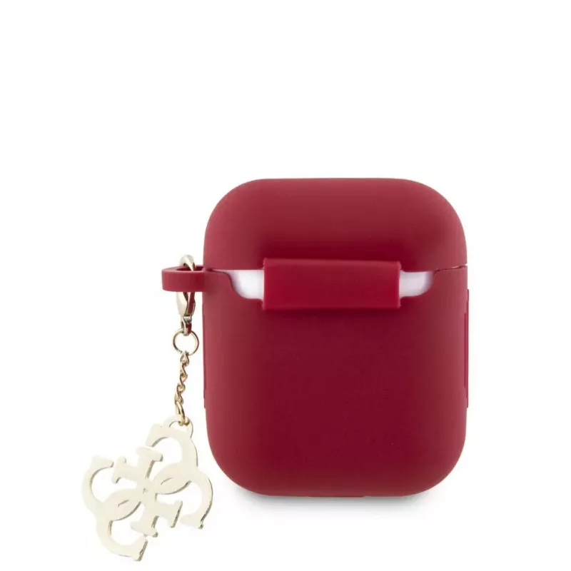 Guess Apple AirPods 1/2 dėklas silikoninis Classic Logo Gold su 4G pakabuku Magenta