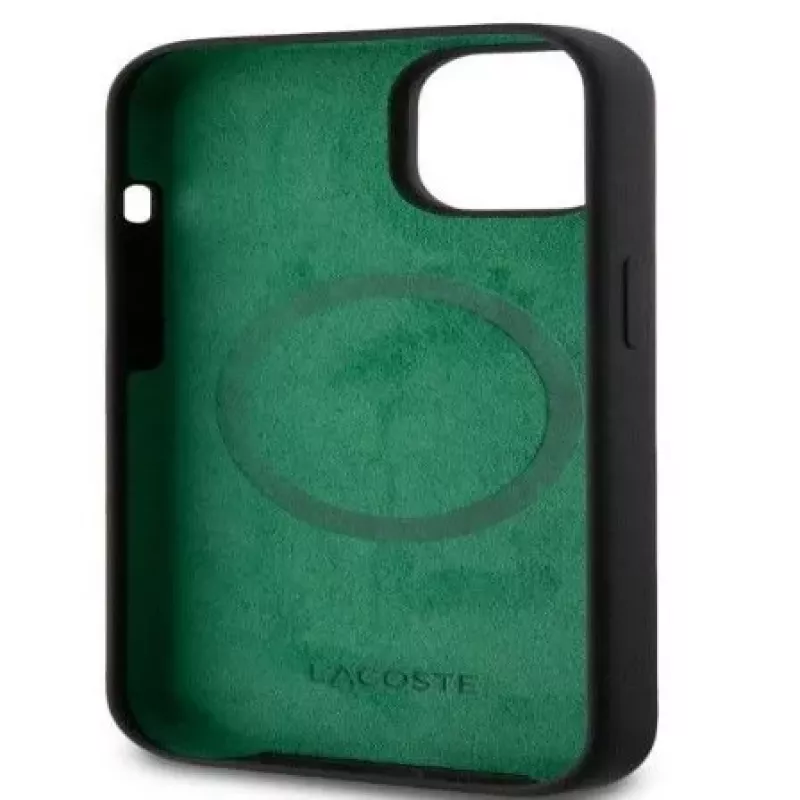 Lacoste Apple iPhone 15 6.1 colio skysto silikono mikropluošto Croc logotipo Magsafe nugarėlės dangtelis juodas