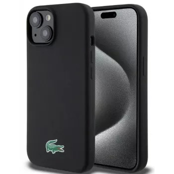 Lacoste Apple iPhone 15 6.1 colio skysto silikono mikropluošto Croc logotipo Magsafe nugarėlės dangtelis juodas