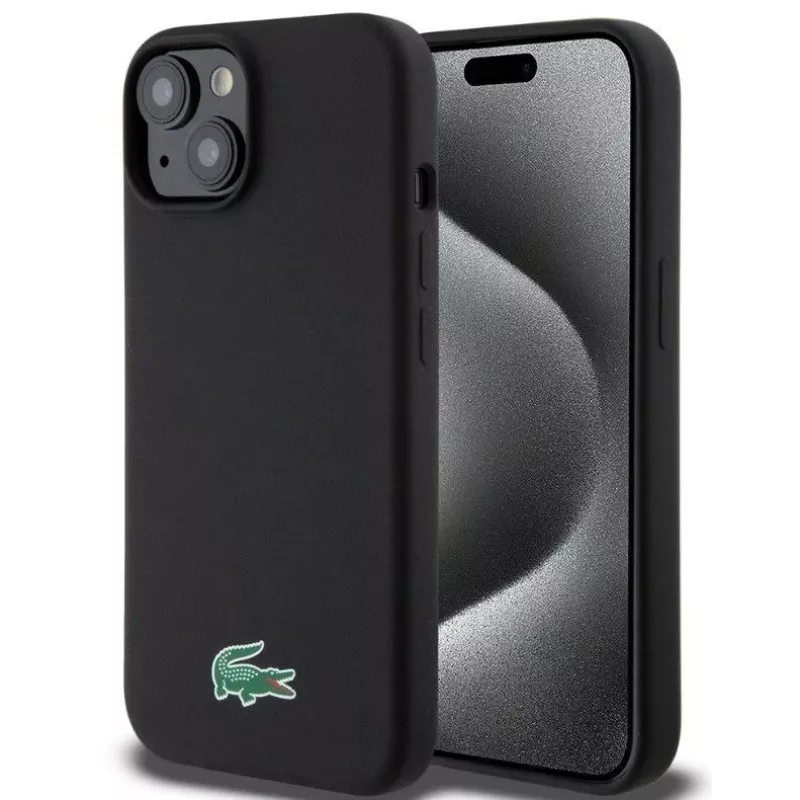 Lacoste Apple iPhone 15 6.1 colio skysto silikono mikropluošto Croc logotipo Magsafe nugarėlės dangtelis juodas