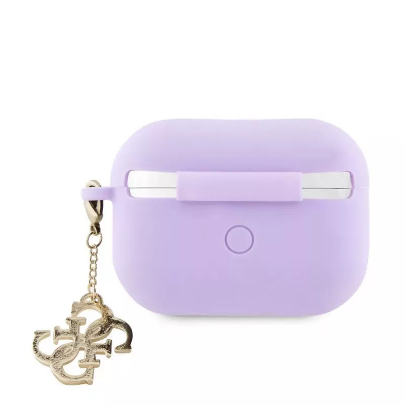 Guess Apple AirPods Pro 2 dėklas silikoninis Classic Logo Gold su 4G pakabuku violetinis