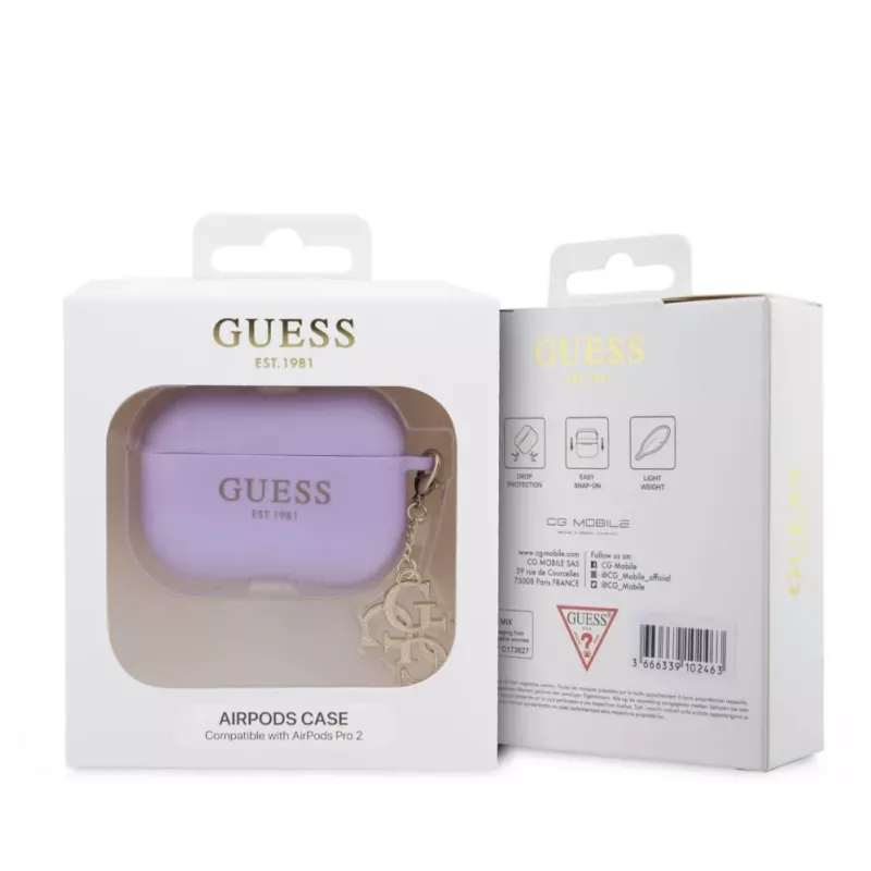 Guess Apple AirPods Pro 2 dėklas silikoninis Classic Logo Gold su 4G pakabuku violetinis