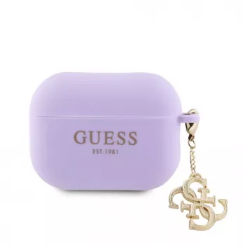 Guess Apple AirPods Pro 2 dėklas silikoninis Classic Logo Gold su 4G pakabuku violetinis