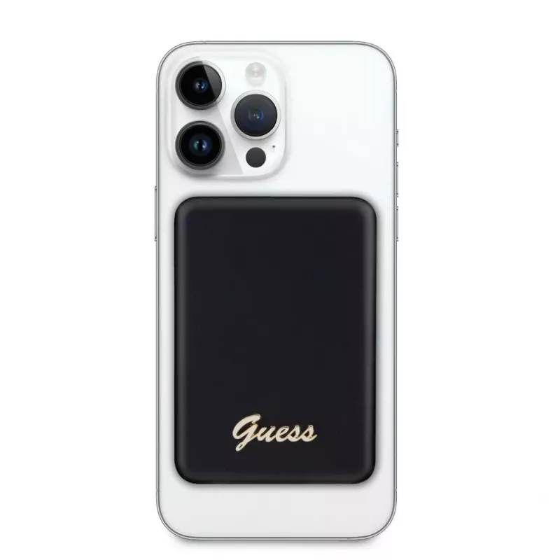 Guess Power Bank 5000mAh 15W MagSafe ir įprastas įkrovimas su metaliniu rašto logotipu juoda