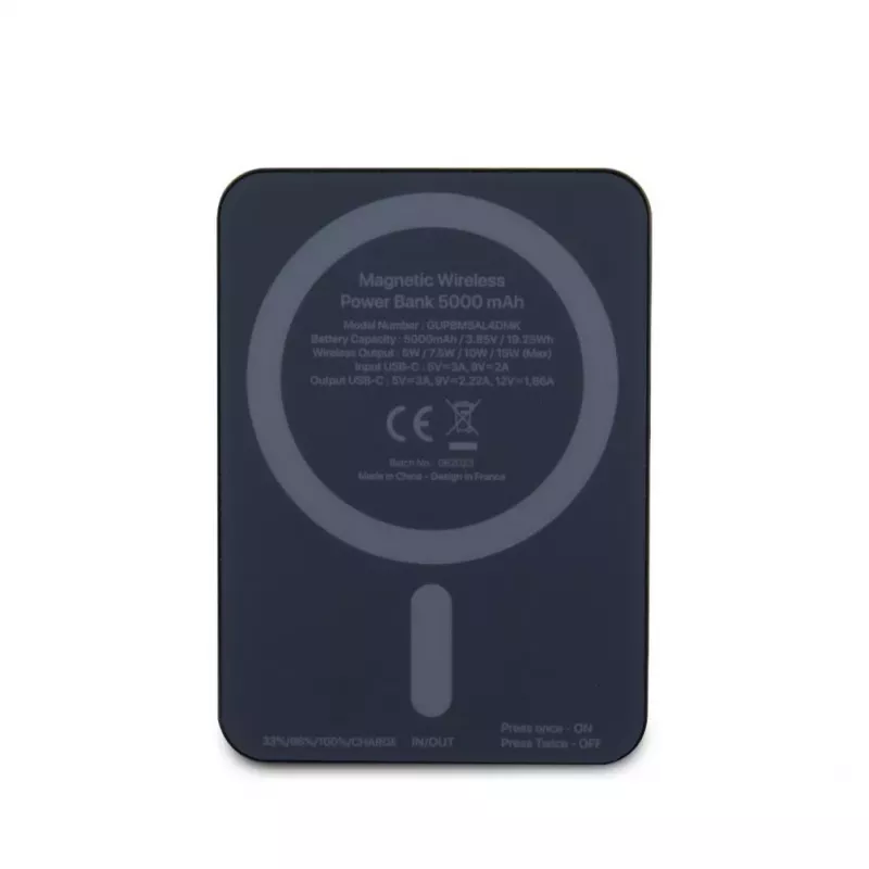 Guess Power Bank 5000mAh 15W MagSafe ir įprastas įkrovimas su metaliniu rašto logotipu juoda