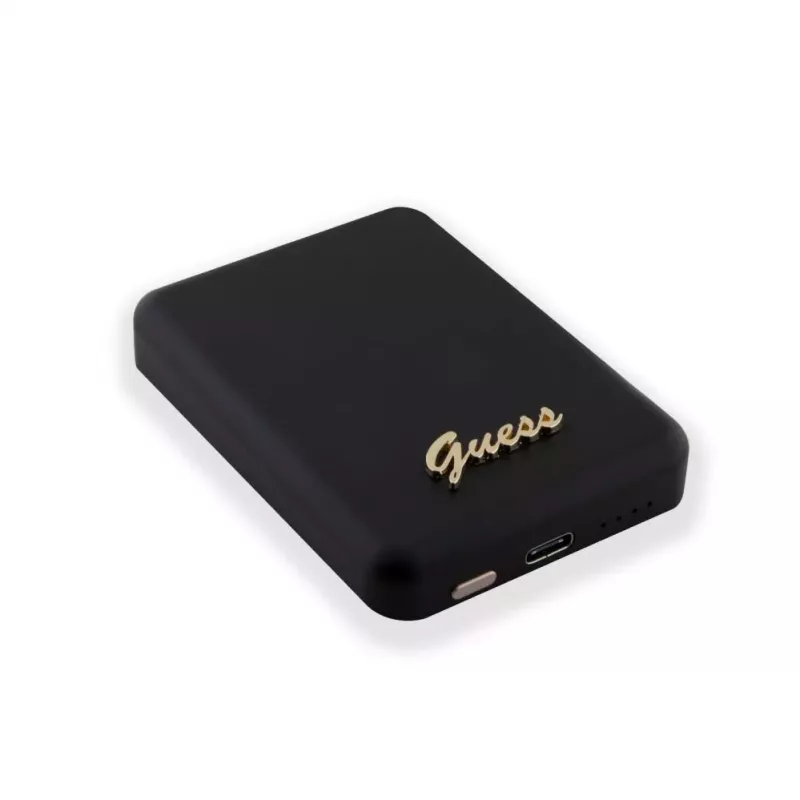 Guess Power Bank 5000mAh 15W MagSafe ir įprastas įkrovimas su metaliniu rašto logotipu juoda