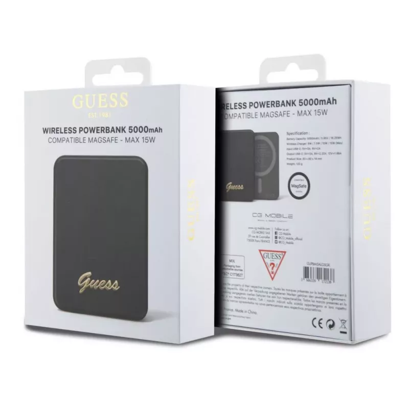 Guess Power Bank 5000mAh 15W MagSafe ir įprastas įkrovimas su metaliniu rašto logotipu juoda