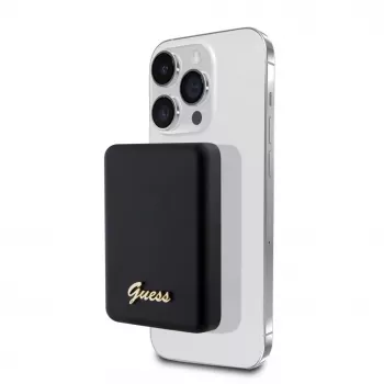 Guess Power Bank 5000mAh 15W MagSafe ir įprastas įkrovimas su metaliniu rašto logotipu juoda
