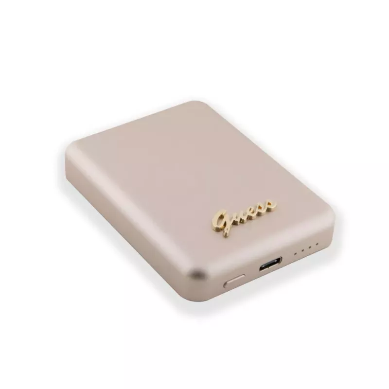 Guess Power Bank 5000mAh 15W MagSafe ir įprastas įkrovimas su metaliniu logotipu auksinė