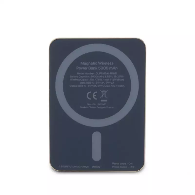 Guess Power Bank 5000mAh 15W MagSafe ir įprastas įkrovimas su metaliniu logotipu auksinė