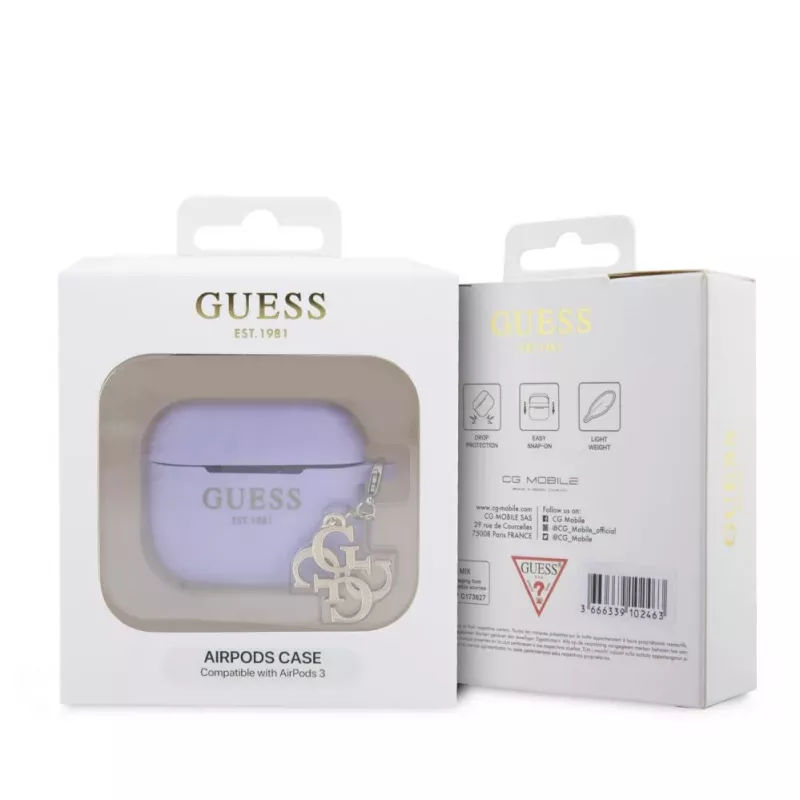 Guess AirPods 3 dėklas silikoninis Classic Logo Gold su 4G pakabuku violetinis