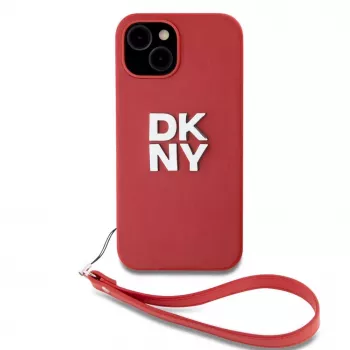 DKNY PU Leather Stack Logo Wrist Strap Case, skirta iPhone 15, raudona