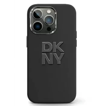 DKNY Apple iPhone 15 kietas dėklas iš skysto silikono su metaliniu logotipu, juodas